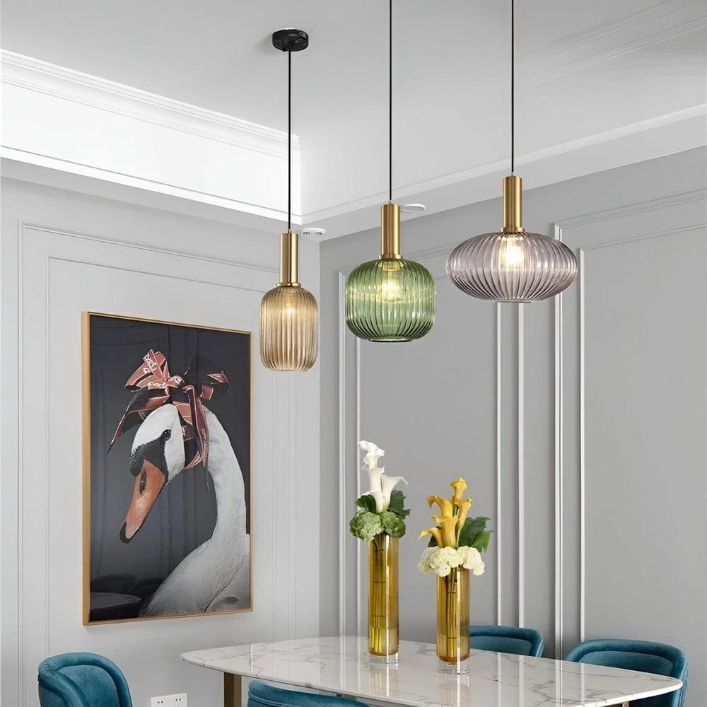 OpulentHuedRibbadTaklampa12 Pendant Lights Randig Ljuskrona i Vintageglas
