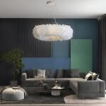 Pendant Lamp Lyxig Cirkelformad Taklampa med vita Fjädrar